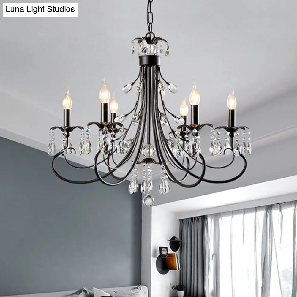 Traditional Iron Candle Chandelier Pendant - 6/8/12 Light Black Hanging With Crystal Drops 6 /