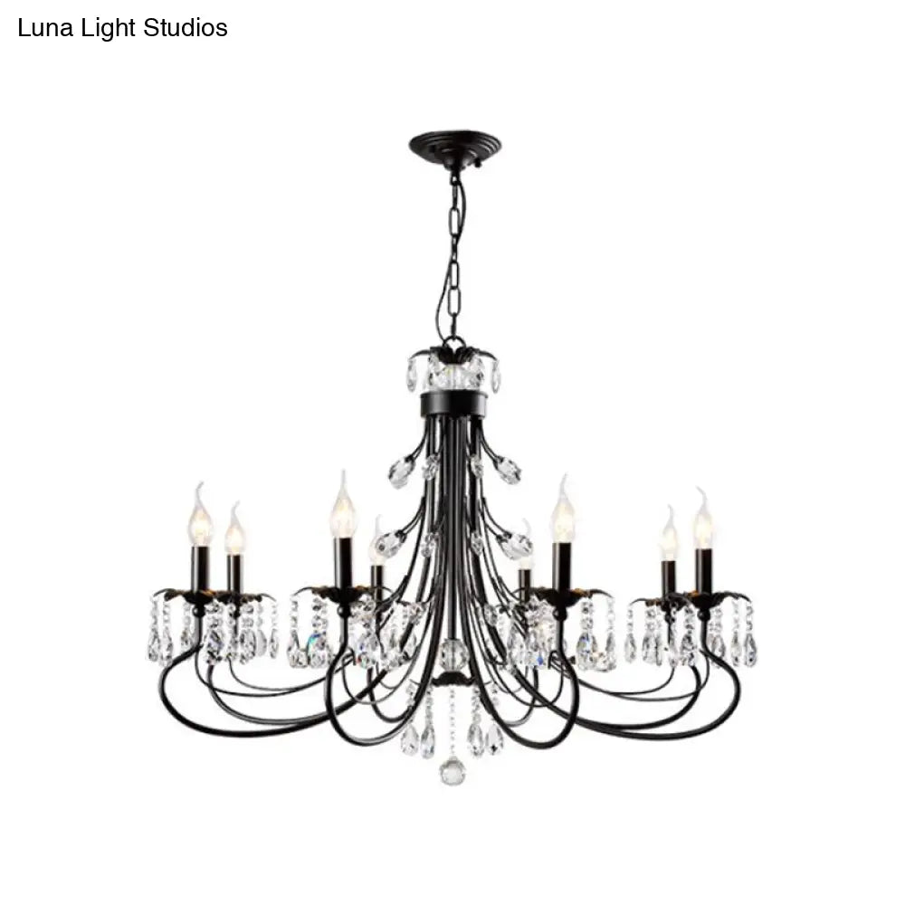 Traditional Iron Tiered Candle Chandelier Pendant With Crystal Drops - 6/8/12 Lights Black Hanging