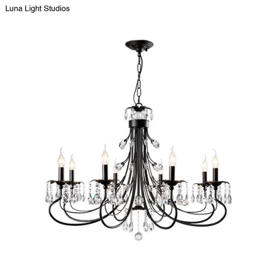 Traditional Iron Tiered Candle Chandelier Pendant With Crystal Drops - 6/8/12 Lights Black Hanging