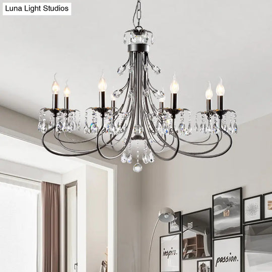 Traditional Iron Tiered Candle Chandelier Pendant With Crystal Drops - 6/8/12 Lights Black Hanging