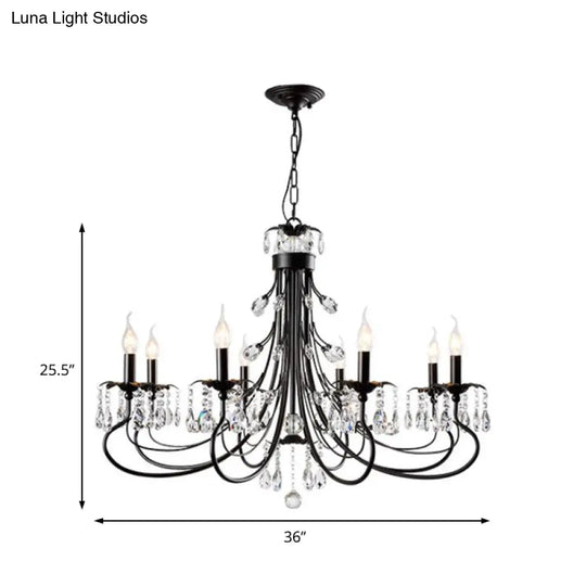 Traditional Iron Tiered Candle Chandelier Pendant With Crystal Drops - 6/8/12 Lights Black Hanging