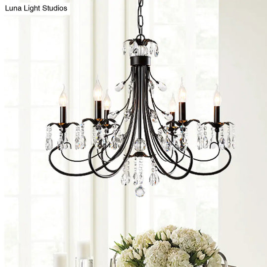 Traditional Iron Candle Chandelier Pendant - 6/8/12 Light Black Hanging With Crystal Drops