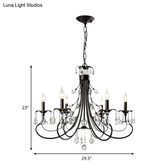 Traditional Iron Candle Chandelier Pendant - 6/8/12 Light Black Hanging With Crystal Drops