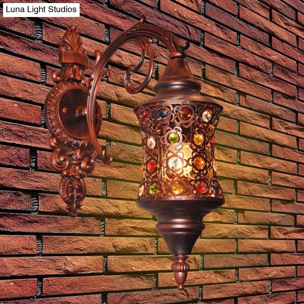 Traditional Iron Wall Lamp With Crystal Bead And Copper Finish - Perfect For Hallways