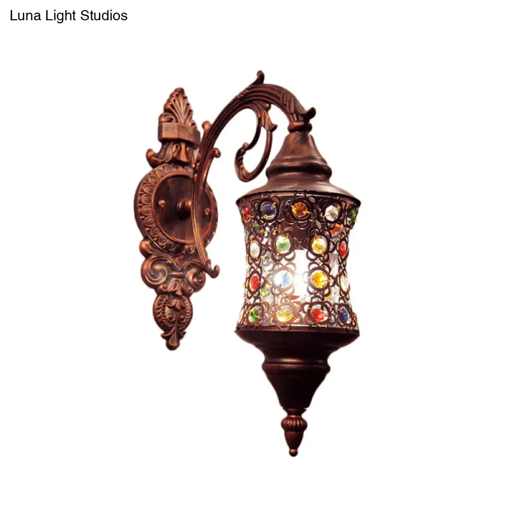 Traditional Iron Wall Lamp With Crystal Bead And Copper Finish - Perfect For Hallways