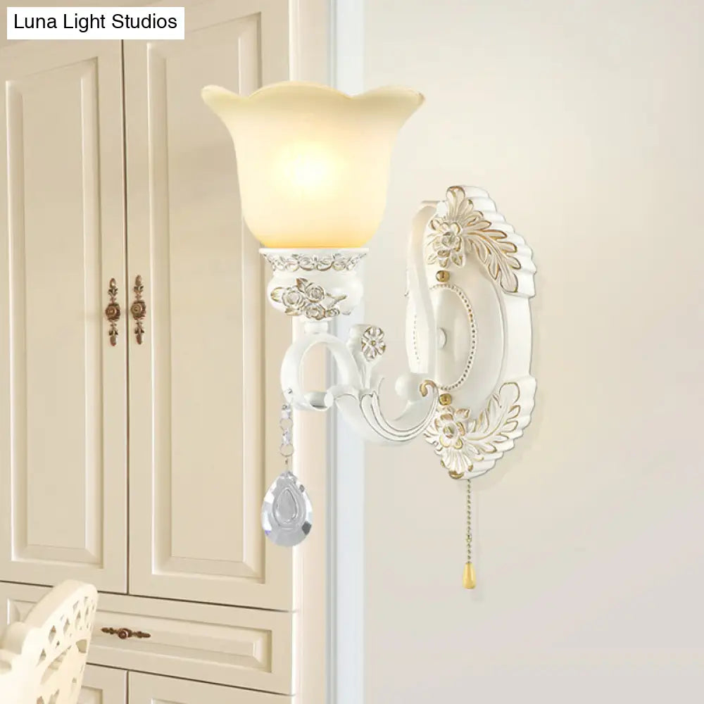 Traditional Ivory Glass Wall Sconce Light Fixture - White Scalloped Design Ideal For Dining Rooms