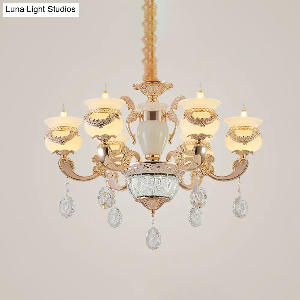 Traditional Jade Gold Chandelier With 6-Light Candle Lighting And Crystal Drop