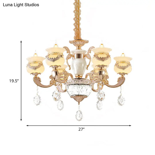 Traditional Jade Gold Chandelier With 6-Light Candle Lighting And Crystal Drop