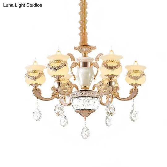 Traditional Jade Gold Chandelier With 6-Light Candle Lighting And Crystal Drop