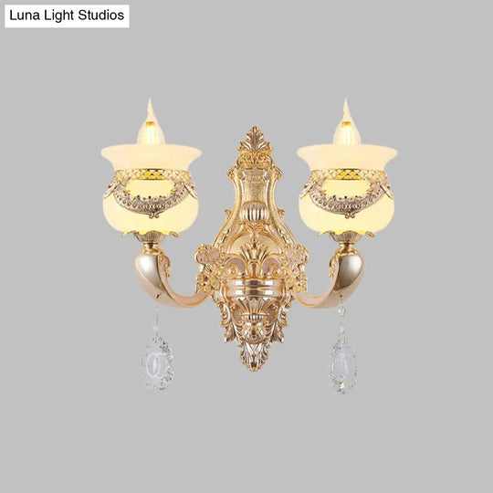 Traditional Jade Wall Sconce Lamp - Gold Candlestick Design With Dangling Crystals 1/2-Light Living