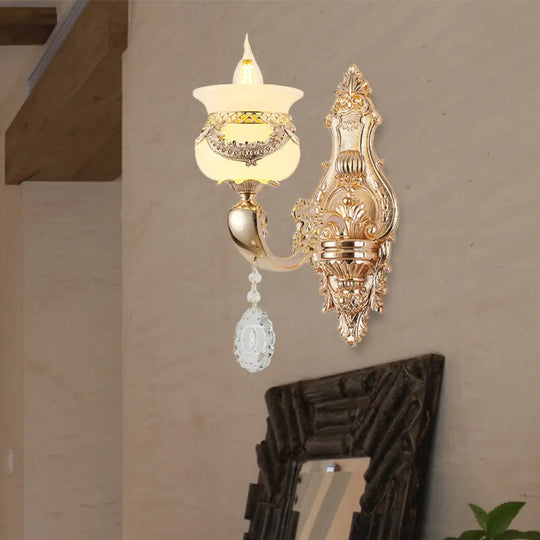 Traditional Jade Wall Sconce Lamp - Gold Candlestick Design With Dangling Crystals 1/2-Light Living