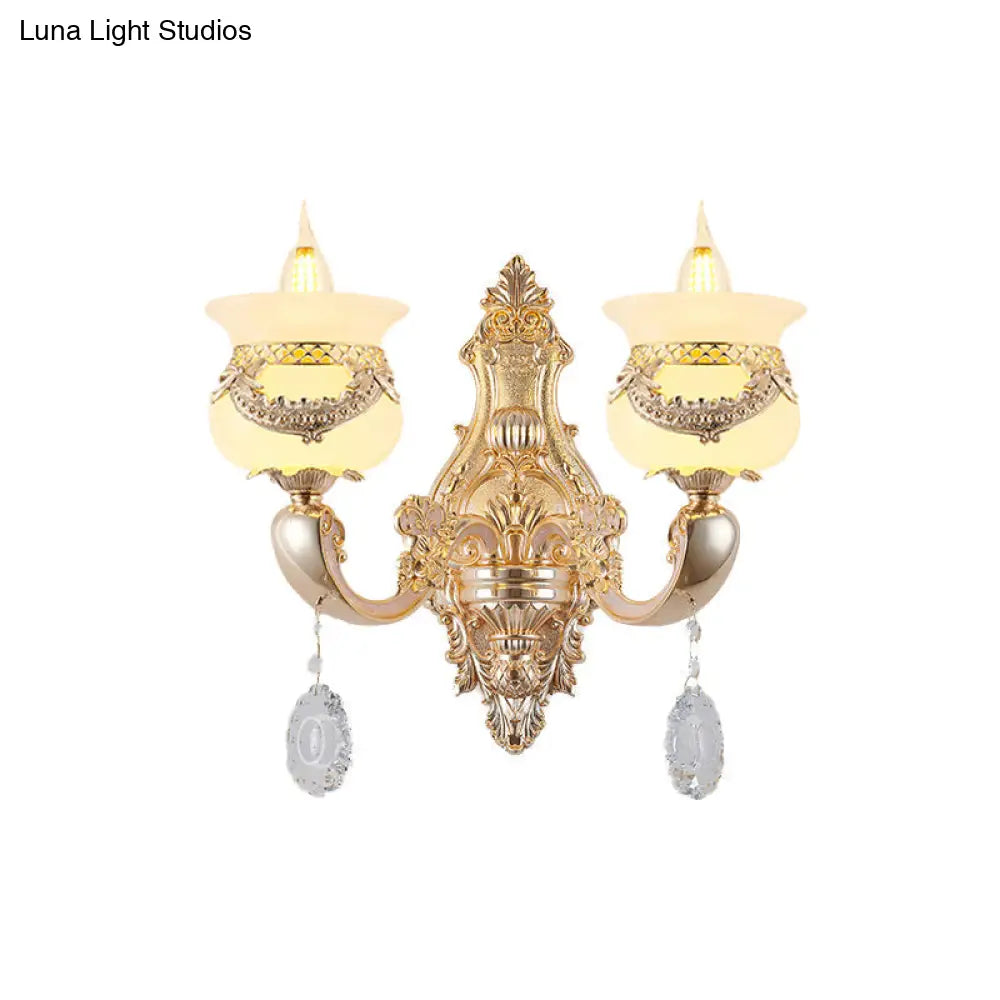 Traditional Jade Wall Sconce Lamp - Gold Candlestick Design With Dangling Crystals 1/2-Light Living