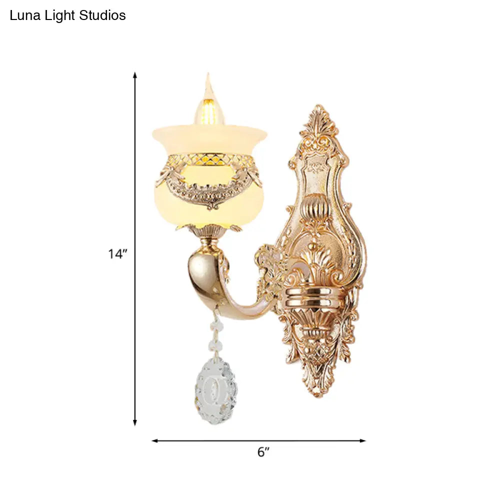 Traditional Jade Wall Sconce Lamp - Gold Candlestick Design With Dangling Crystals 1/2-Light Living