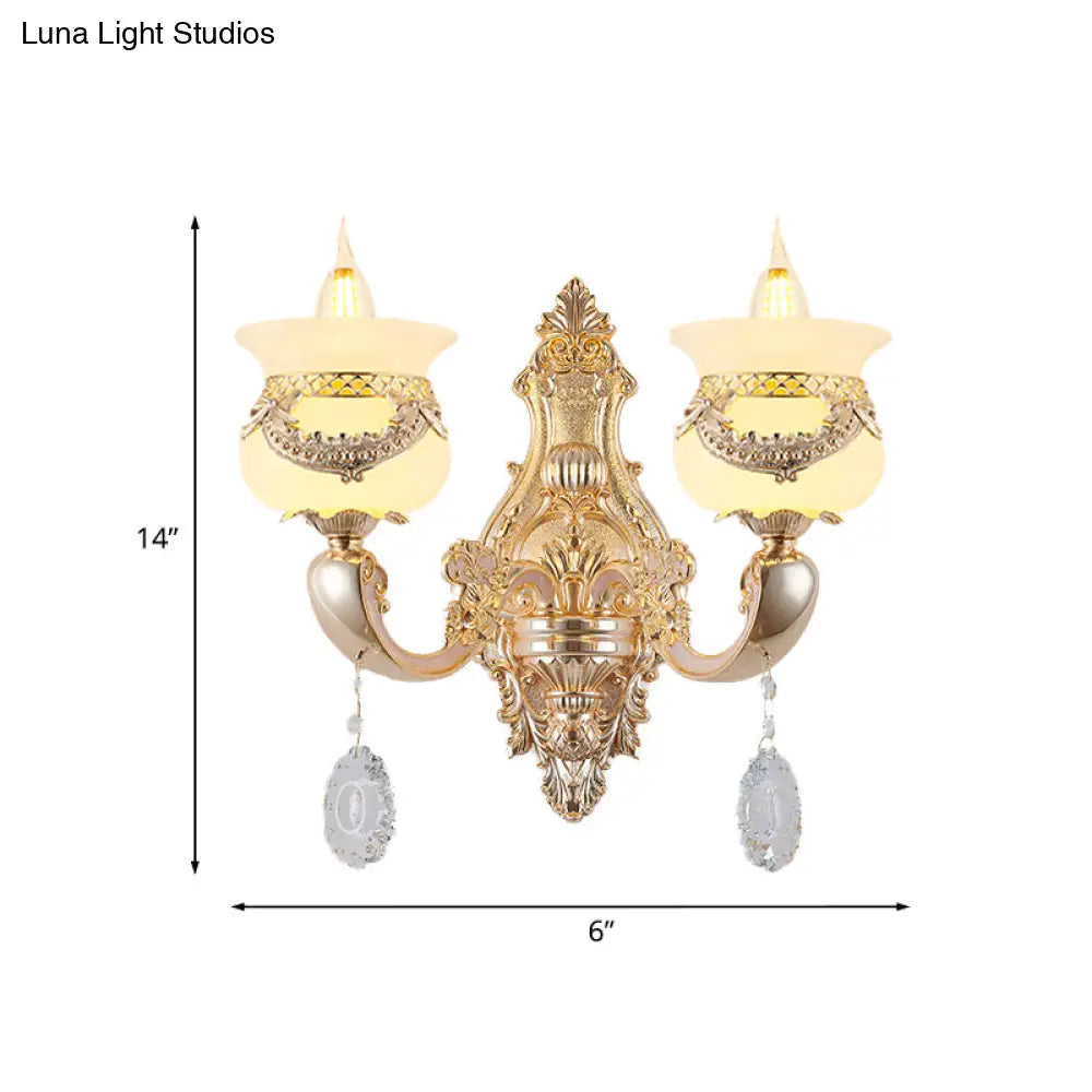 Traditional Jade Wall Sconce Lamp - Gold Candlestick Design With Dangling Crystals 1/2-Light Living