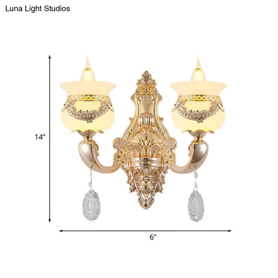 Traditional Jade Wall Sconce Lamp - Gold Candlestick Design With Dangling Crystals 1/2-Light Living