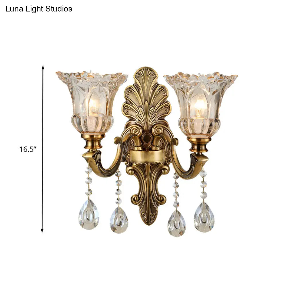 Traditional K9 Crystal Brass Wall Sconce Light With Clear Glass Shade