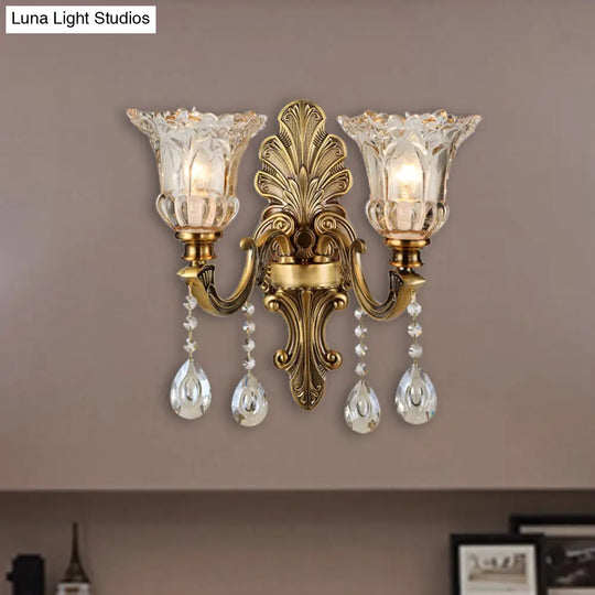 Traditional K9 Crystal Brass Wall Sconce Light With Clear Glass Shade