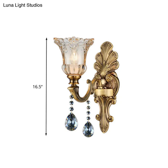 Traditional K9 Crystal Brass Wall Sconce Light With Clear Glass Shade