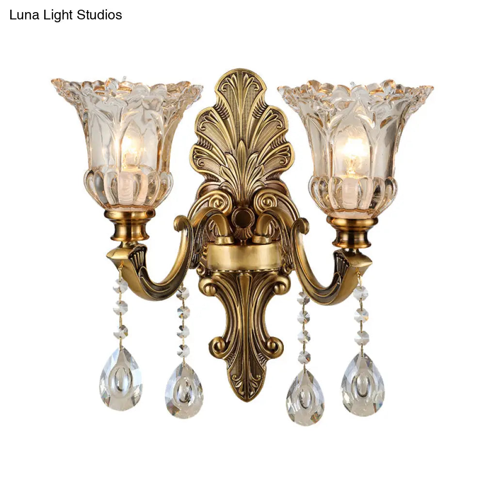 Traditional K9 Crystal Brass Wall Sconce Light With Clear Glass Shade