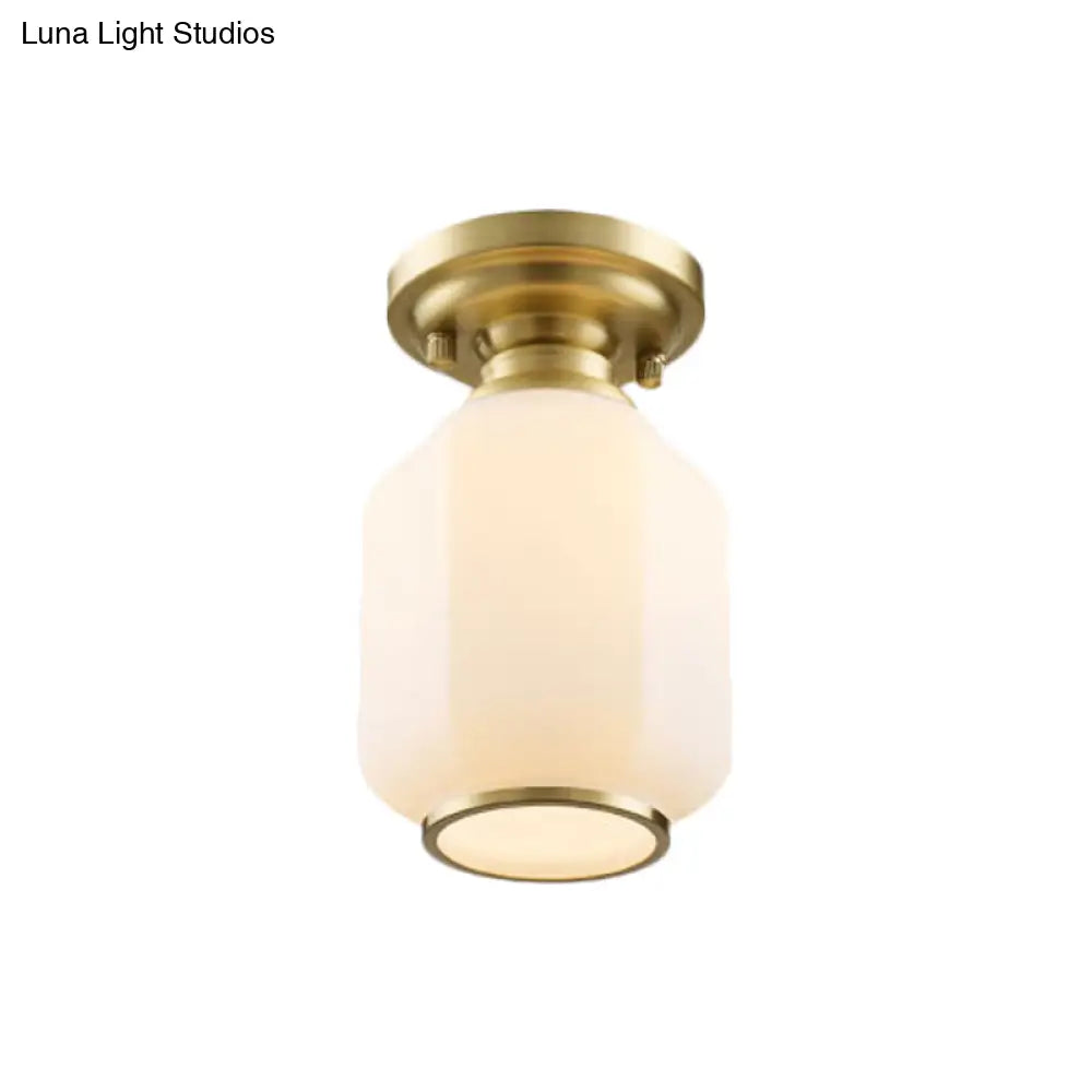 Traditional Lantern Flush Light Fixture In Brass With Opal Glass Shade - Ideal For Corridors