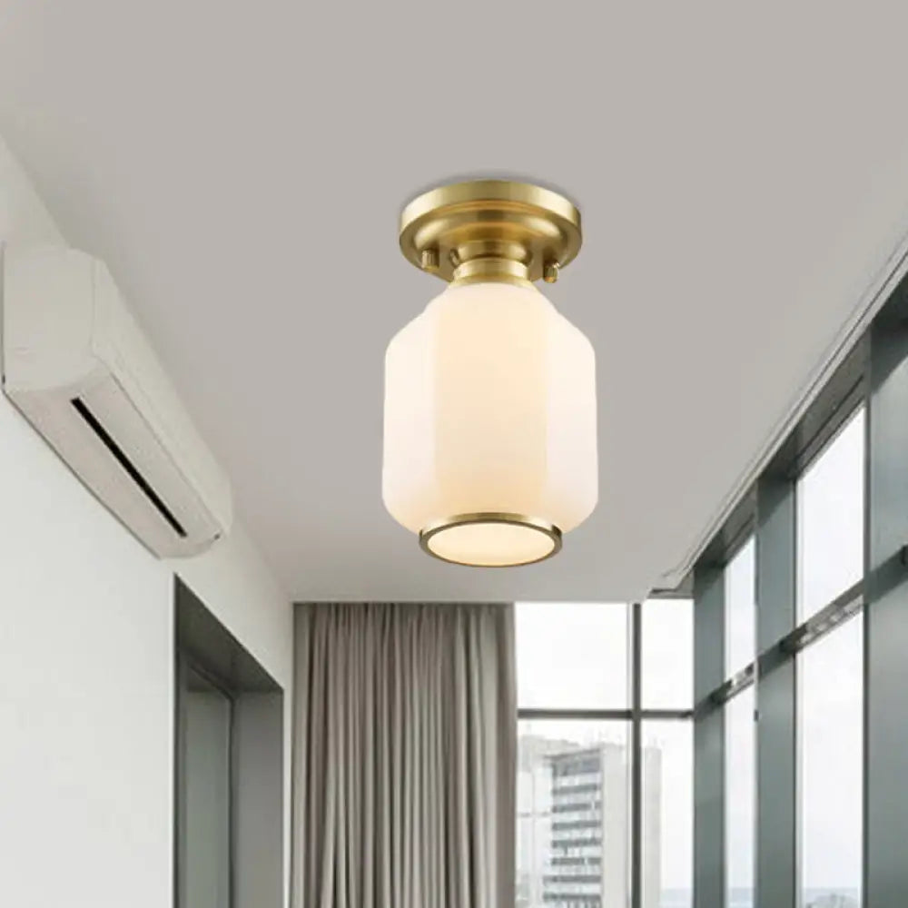 Traditional Lantern Flush Light Fixture In Brass With Opal Glass Shade - Ideal For Corridors