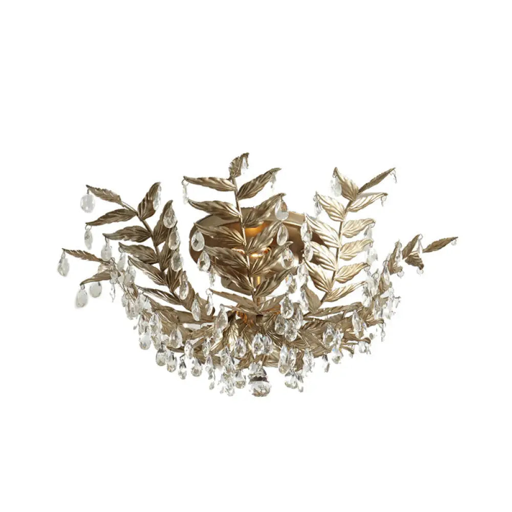 Traditional Leaf Crystal Ceiling Lamp In Gold - 10 Bulbs Living Room Semi Flush Mount Fixture