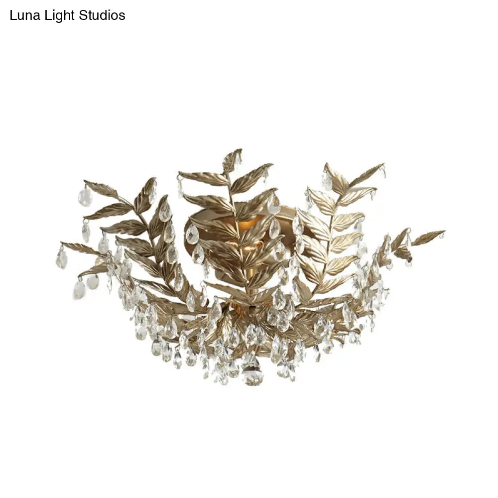 Traditional Leaf Crystal Ceiling Lamp In Gold - 10 Bulbs Living Room Semi Flush Mount Fixture