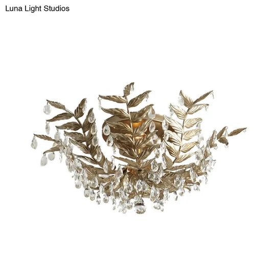 Traditional Leaf Crystal Ceiling Lamp In Gold - 10 Bulbs Living Room Semi Flush Mount Fixture