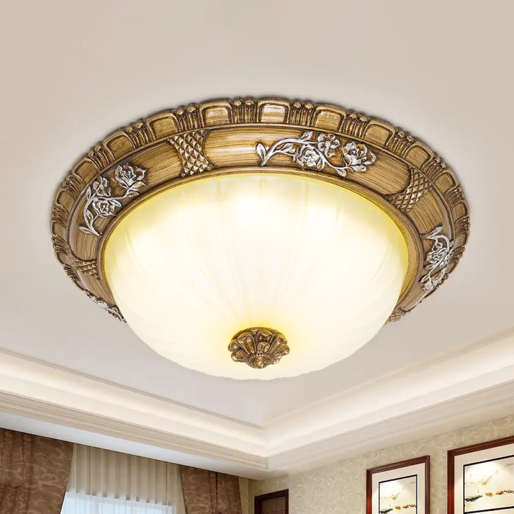 Traditional Led Ceiling Mounted Bedroom Light In Brown With Bowl Shade Tan Glass - Available