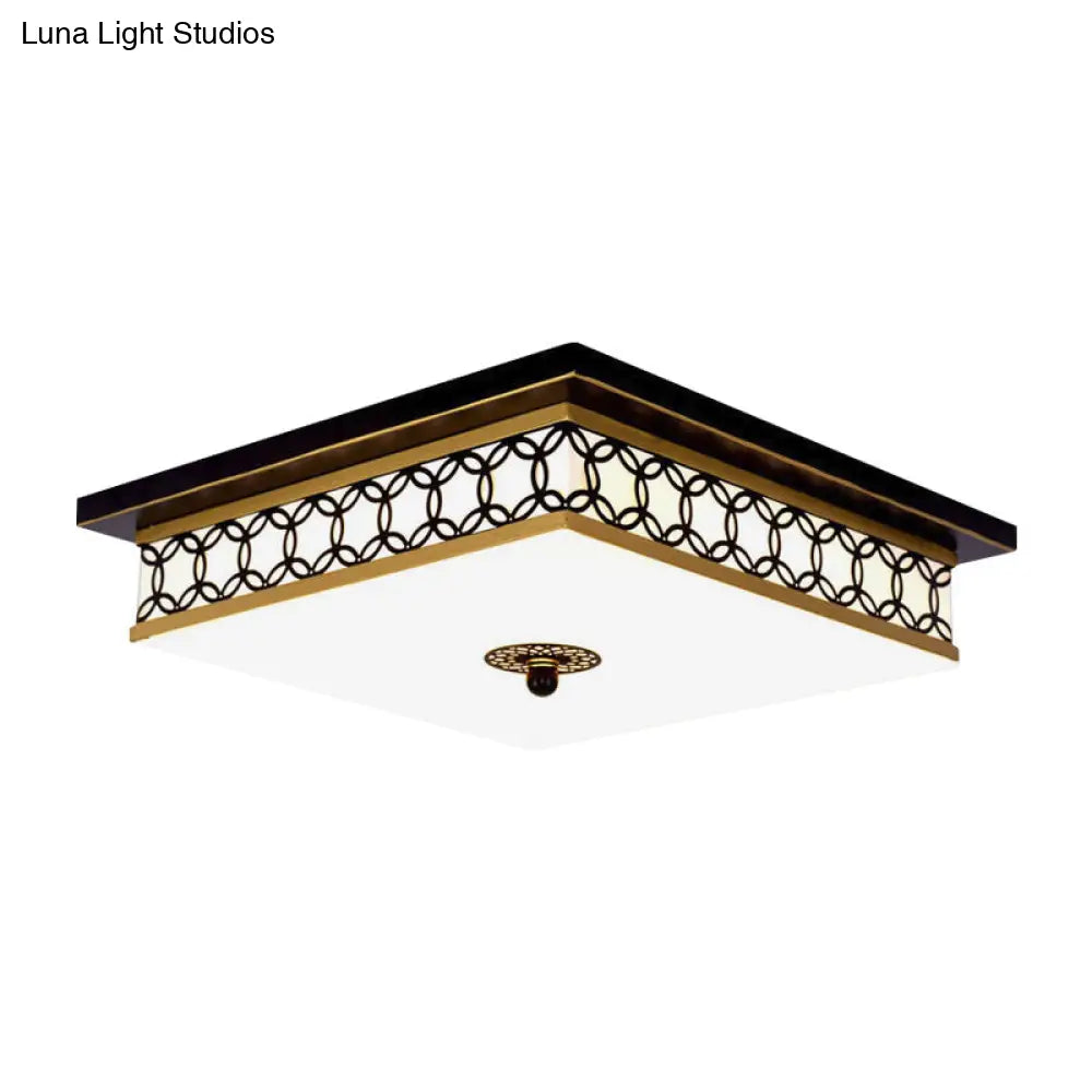 Traditional Led Flush Light: Milky Glass Square Ceiling Fixture Black & Gold