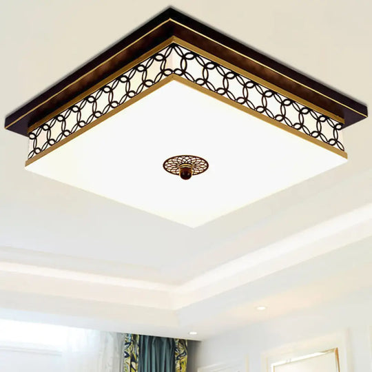 Traditional Led Flush Light: Milky Glass Square Ceiling Fixture Black & Gold Black - Gold