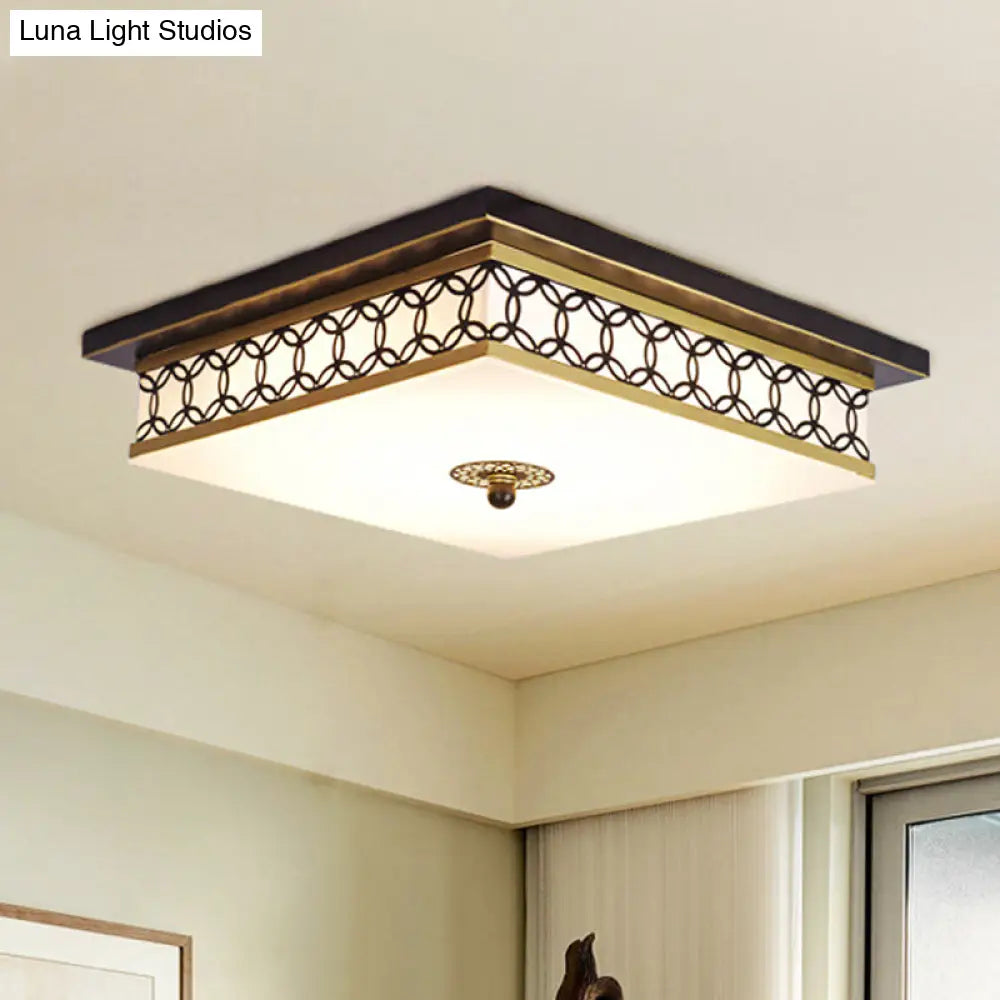 Traditional Led Flush Light: Milky Glass Square Ceiling Fixture Black & Gold