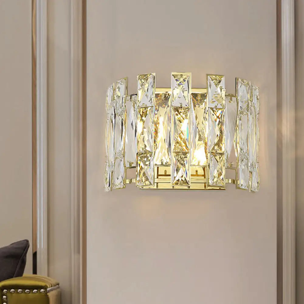 Traditional Led Wall Sconce With Clear Crystal Half Cylinder And 2 Heads 7.5/10 Width / 7.5