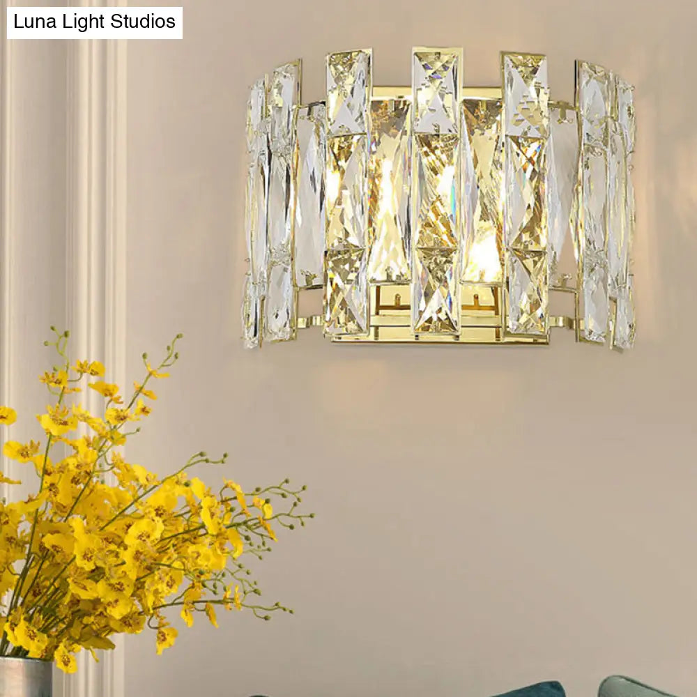 Traditional Led Wall Sconce With Clear Crystal Half Cylinder And 2 Heads 7.5/10 Width