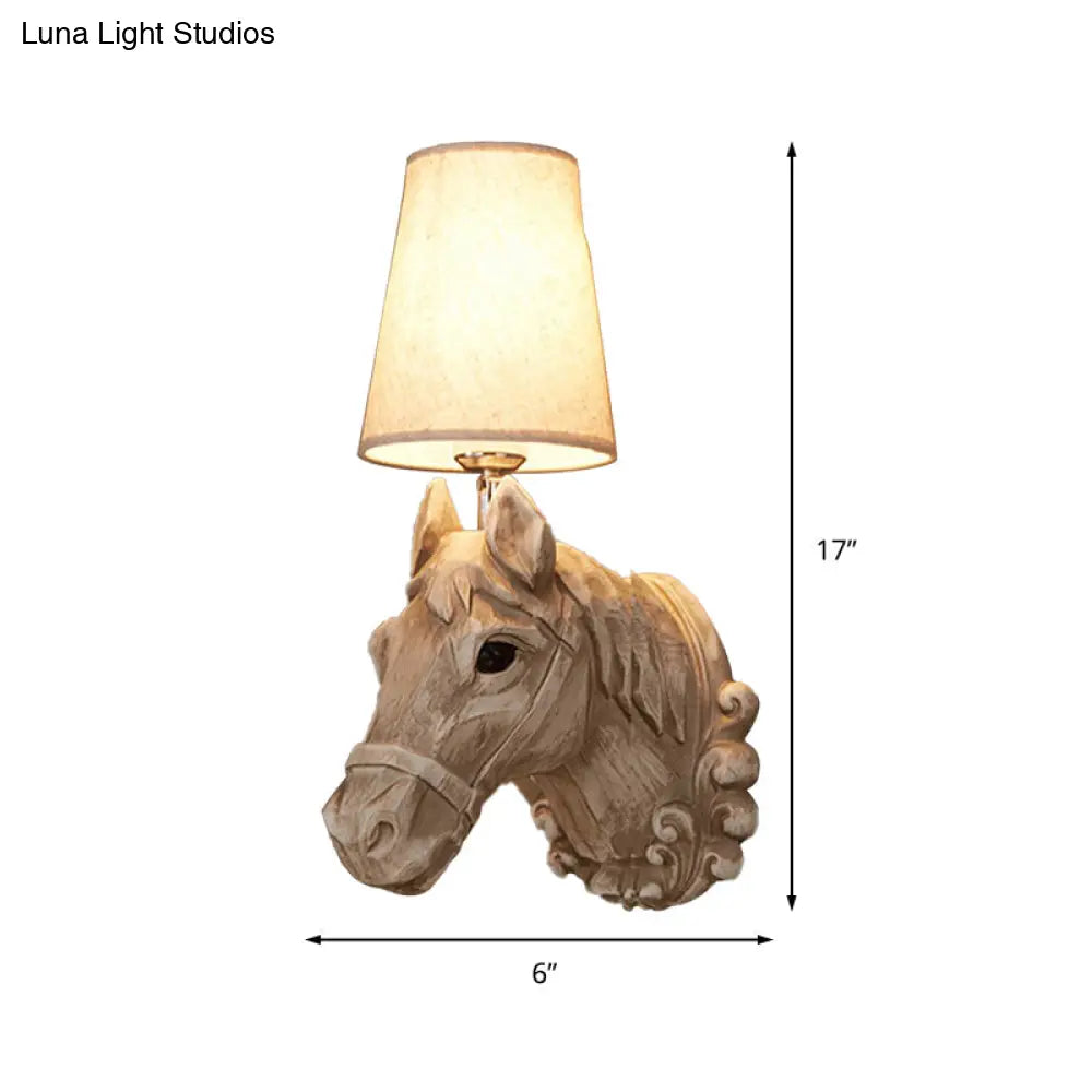 Traditional Light Brown Resin Horse Wall Lamp With Fabric Shade