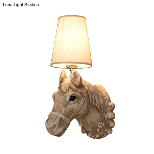 Traditional Light Brown Resin Horse Wall Lamp With Fabric Shade