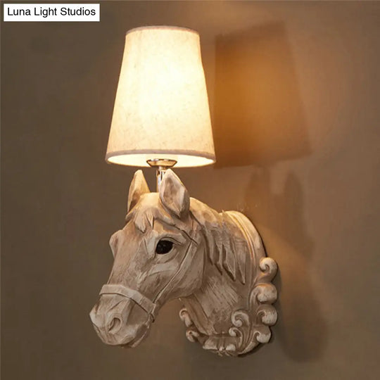 Traditional Light Brown Resin Horse Wall Lamp With Fabric Shade