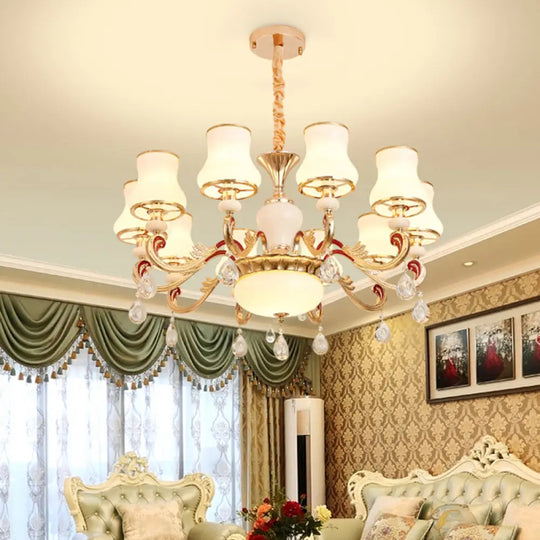 Traditional Living Room Chandelier With Crystal Draping - White Glass Bud Ceiling Lighting 10 / B