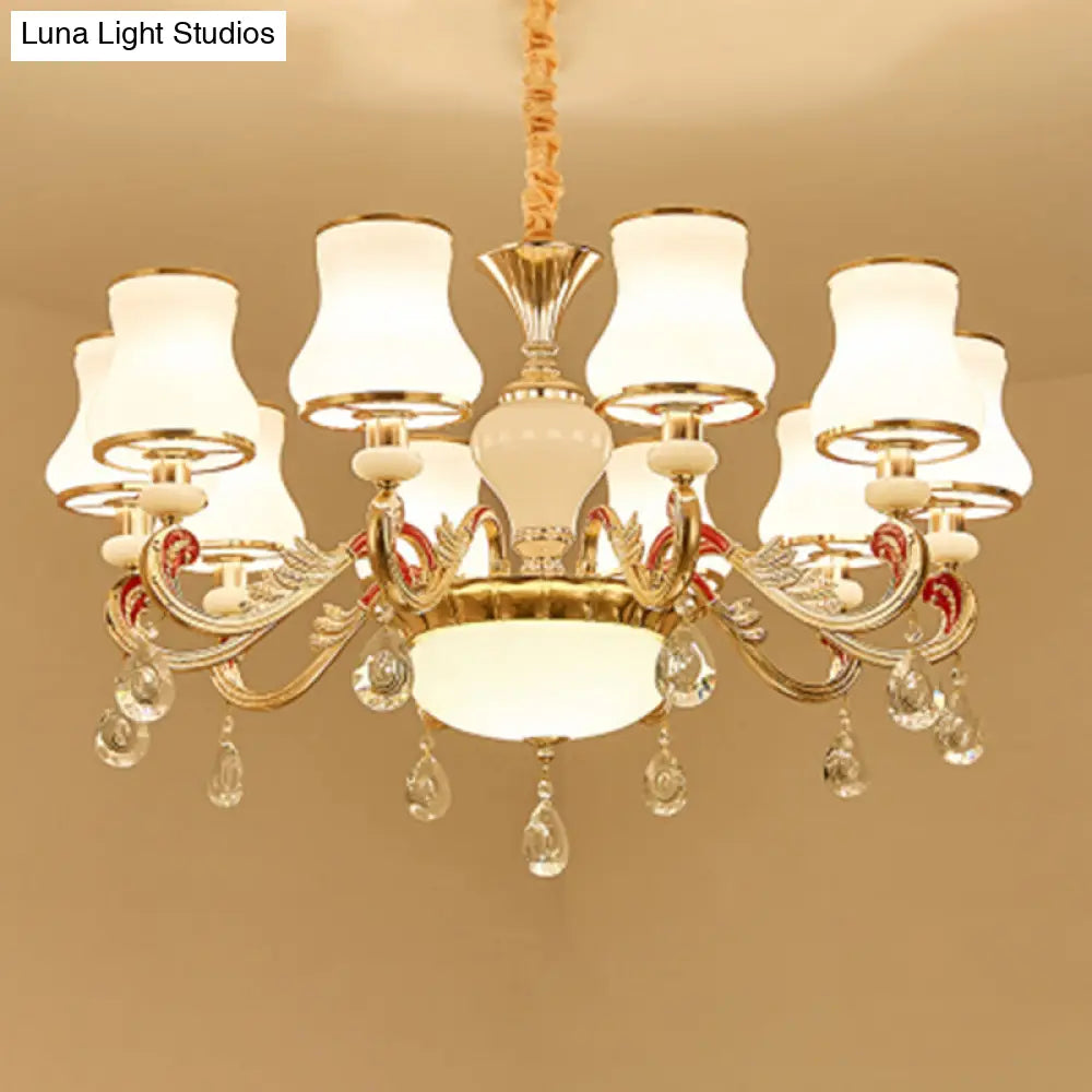 Traditional Living Room Chandelier With Crystal Draping - White Glass Bud Ceiling Lighting