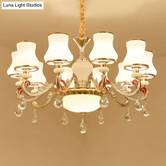 Traditional Living Room Chandelier With Crystal Draping - White Glass Bud Ceiling Lighting