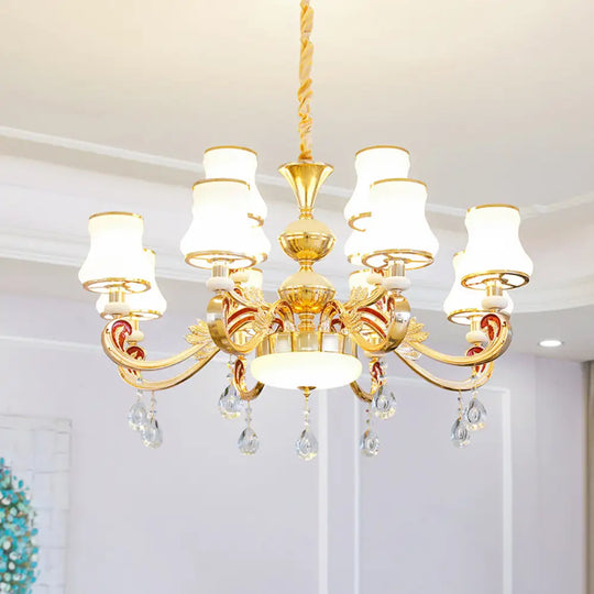 Traditional Living Room Chandelier With Crystal Draping - White Glass Bud Ceiling Lighting 12 / A