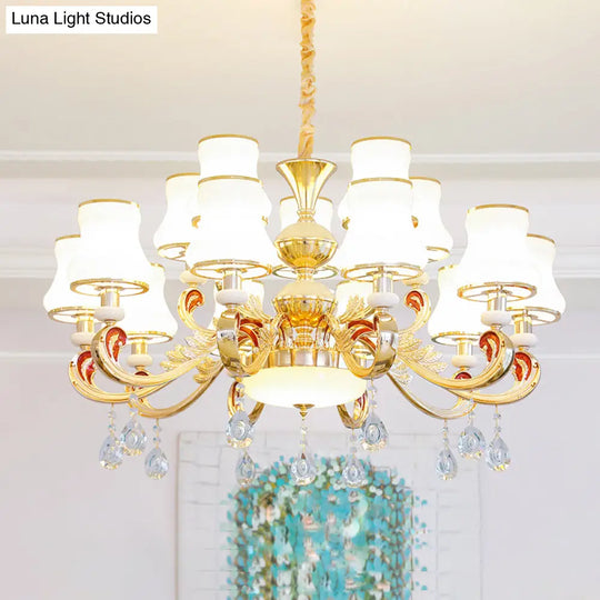 Traditional Living Room Chandelier With Crystal Draping - White Glass Bud Ceiling Lighting