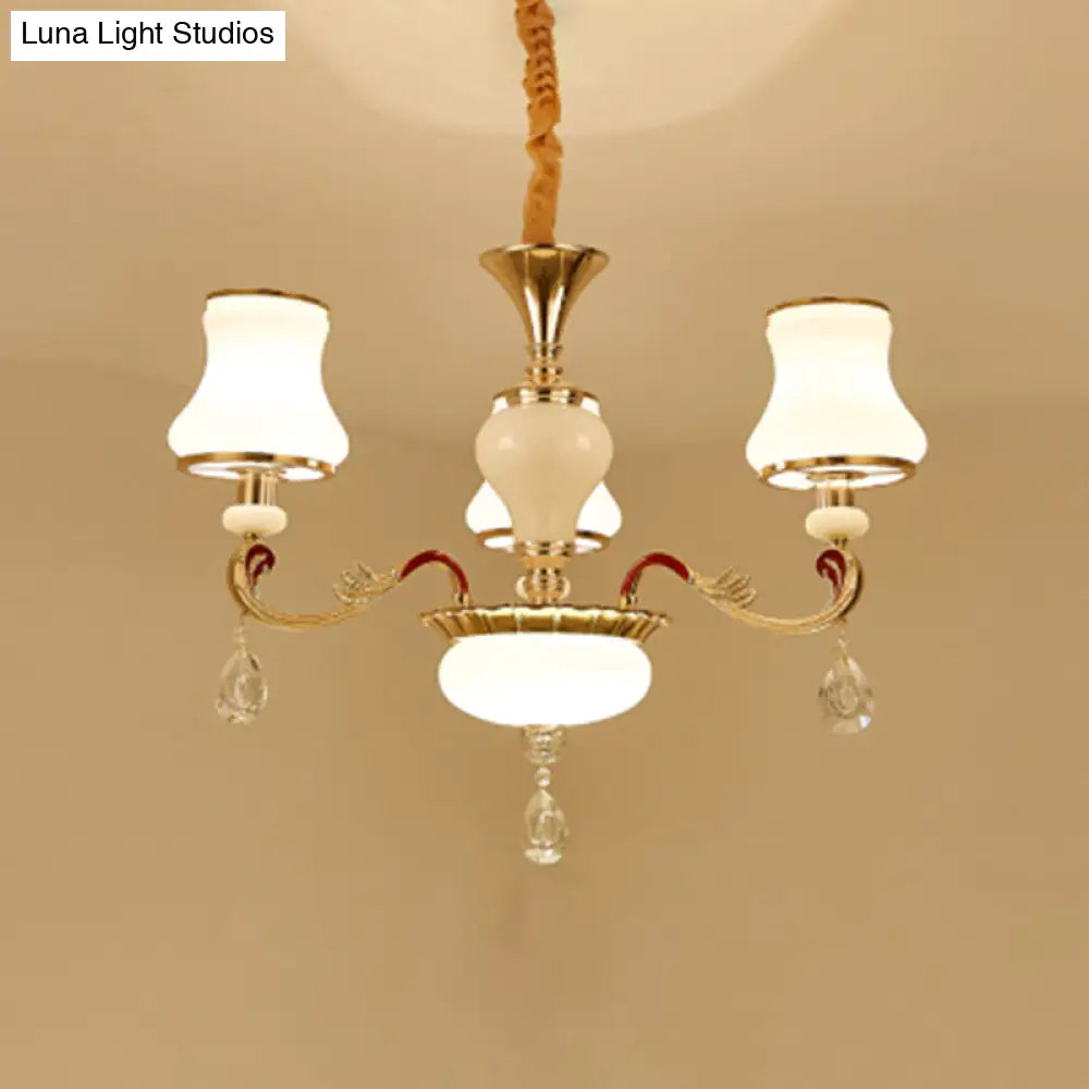 Traditional Living Room Chandelier With Crystal Draping - White Glass Bud Ceiling Lighting