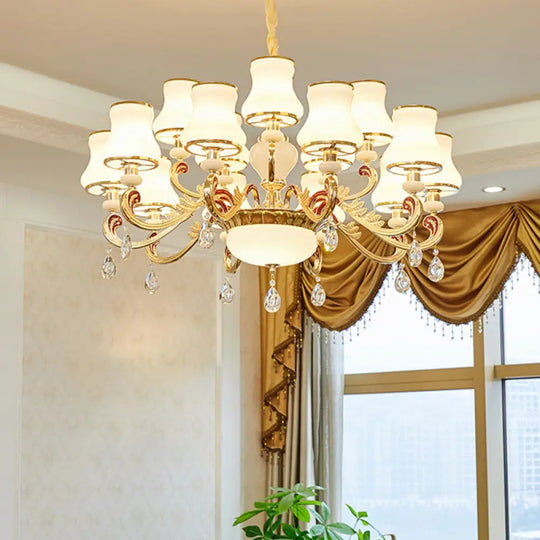 Traditional Living Room Chandelier With Crystal Draping - White Glass Bud Ceiling Lighting 15 / B