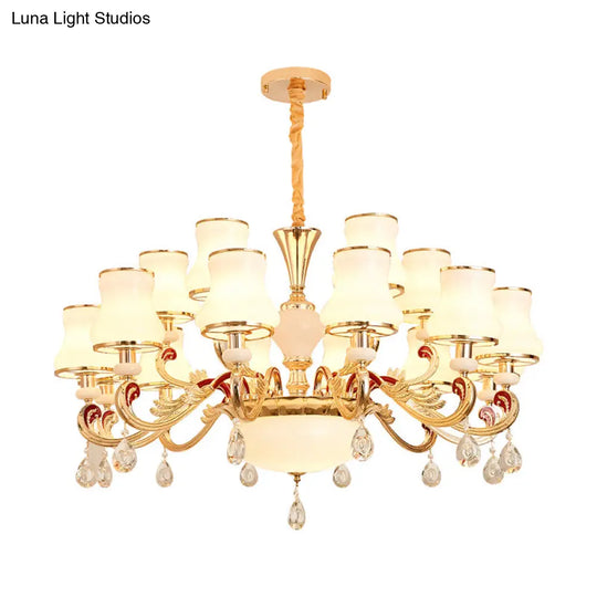 Traditional Living Room Chandelier With Crystal Draping - White Glass Bud Ceiling Lighting