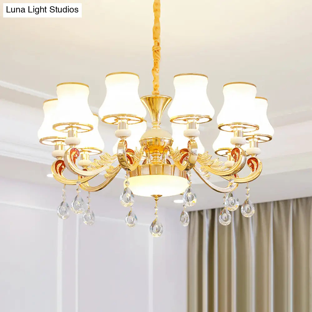 Traditional Living Room Chandelier With Crystal Draping - White Glass Bud Ceiling Lighting