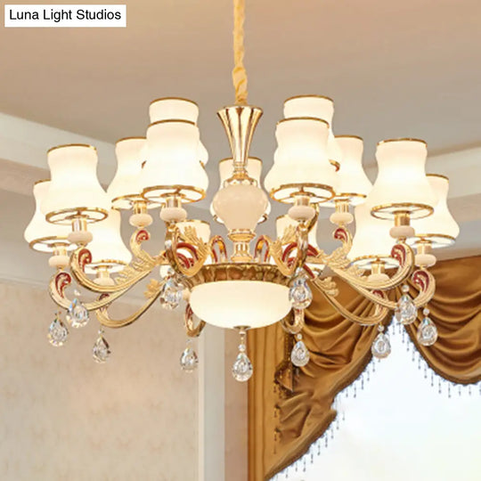 Traditional Living Room Chandelier With Crystal Draping - White Glass Bud Ceiling Lighting