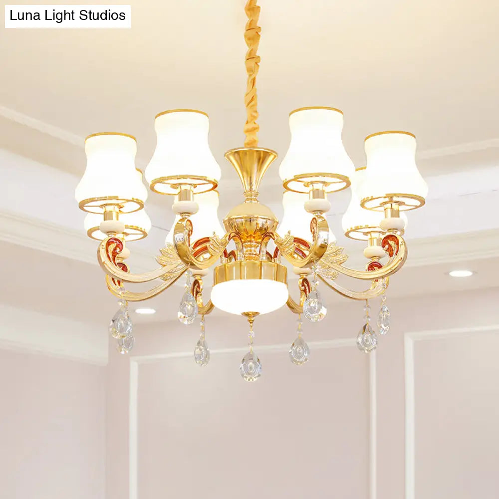 Traditional Living Room Chandelier With Crystal Draping - White Glass Bud Ceiling Lighting