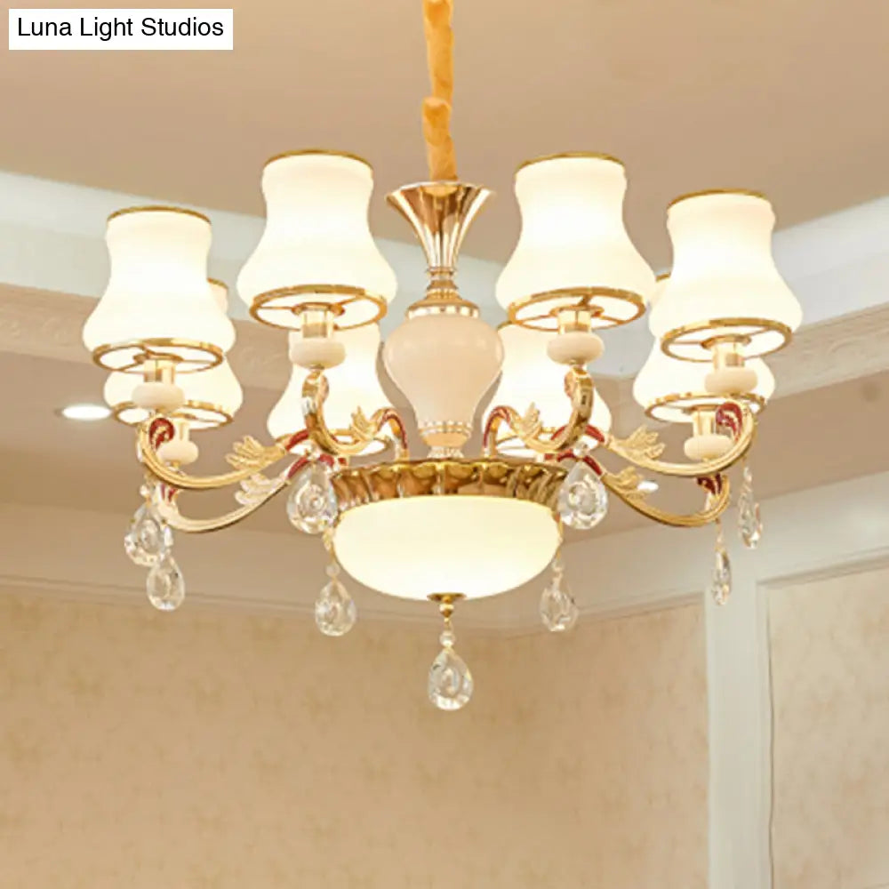 Traditional Living Room Chandelier With Crystal Draping - White Glass Bud Ceiling Lighting