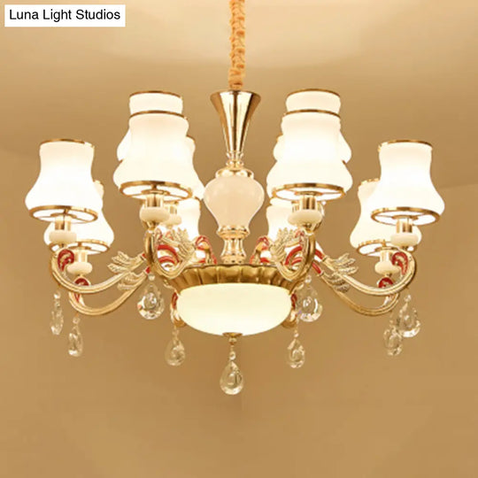 Traditional Living Room Chandelier With Crystal Draping - White Glass Bud Ceiling Lighting